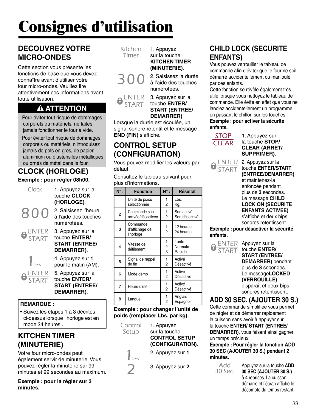 Maytag UMC5200BCB/W/S Consignes d’utilisation, Clock Horloge, Control Setup Configuration, ADD 30 SEC. Ajouter 30 S 