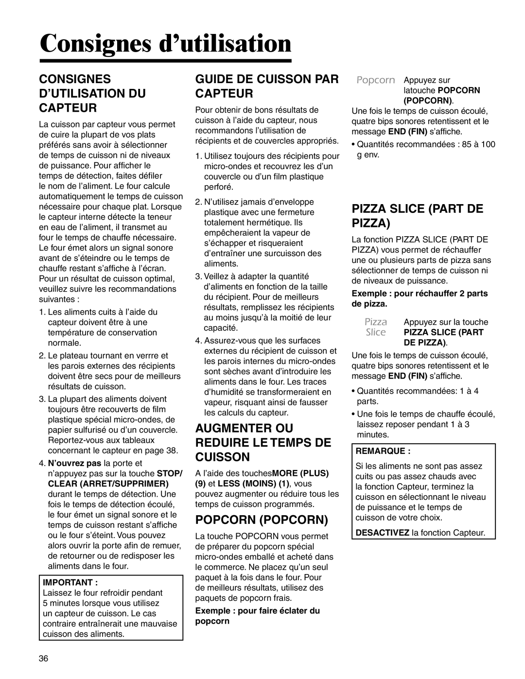 Maytag UMC5200 BAB/W/S, UMC5200BCB/W/S Consignes ’UTILISATION DU Capteur, Guide DE Cuisson PAR Capteur, Popcorn Popcorn 