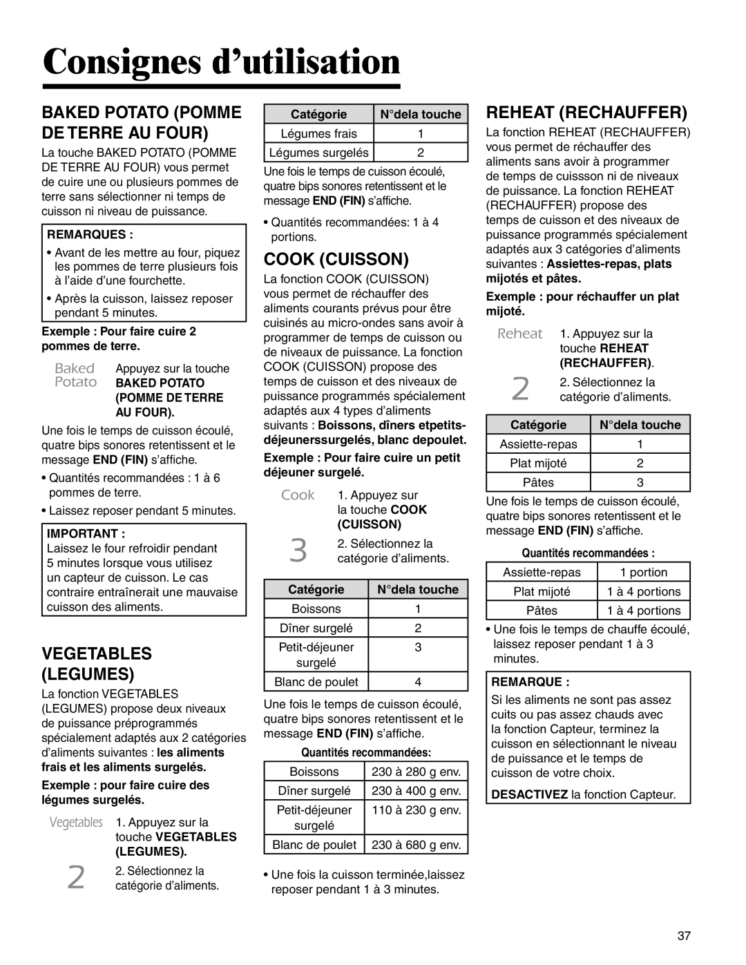 Maytag UMC5200BCB/W/S Cook Cuisson, Reheat Rechauffer, Vegetables Legumes, Remarques, Baked Potato Pomme DE Terre AU Four 