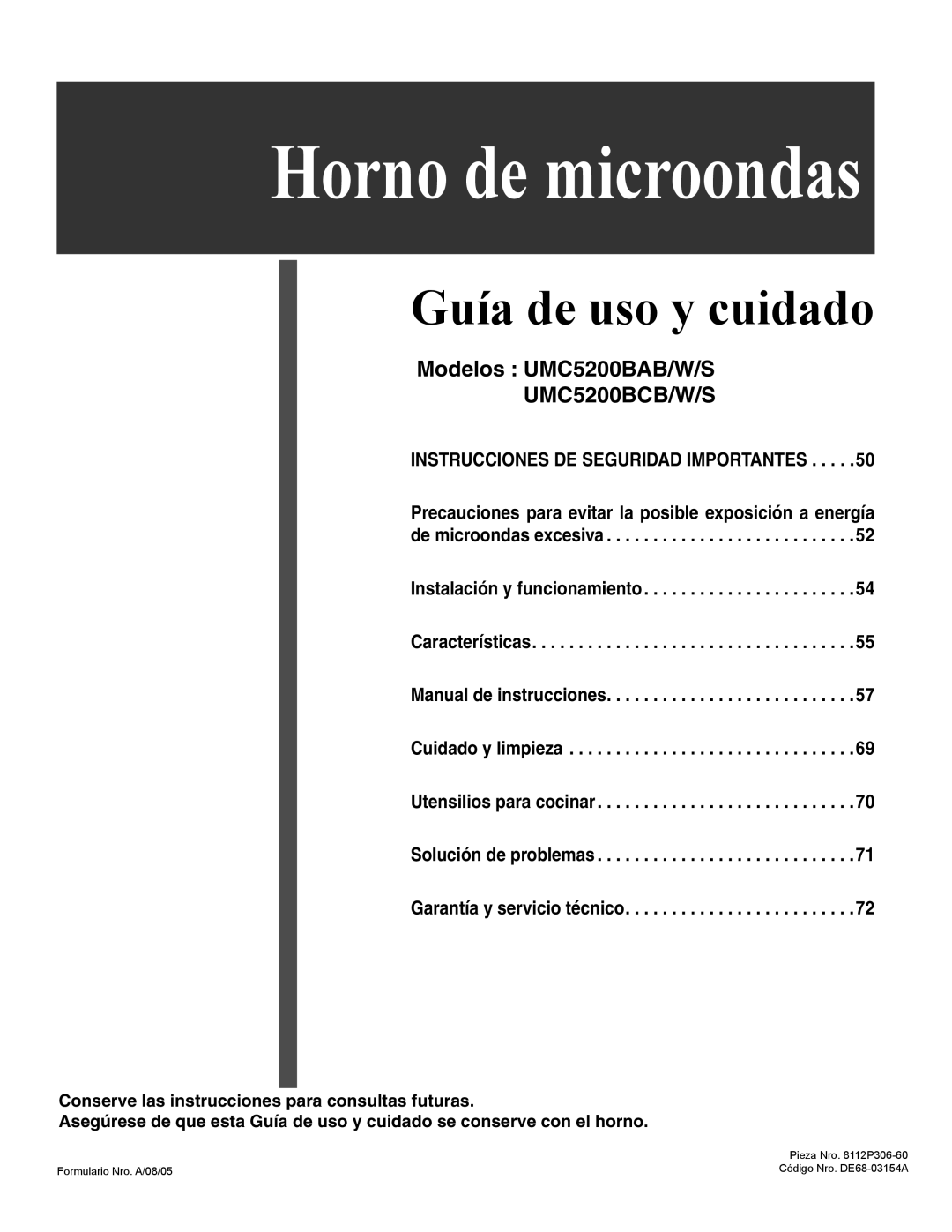 Maytag UMC5200BCB/W/S, UMC5200 BAB/W/S, UMC5200 BCB/W/S Horno de microondas, Modelos UMC5200BAB/W/S 