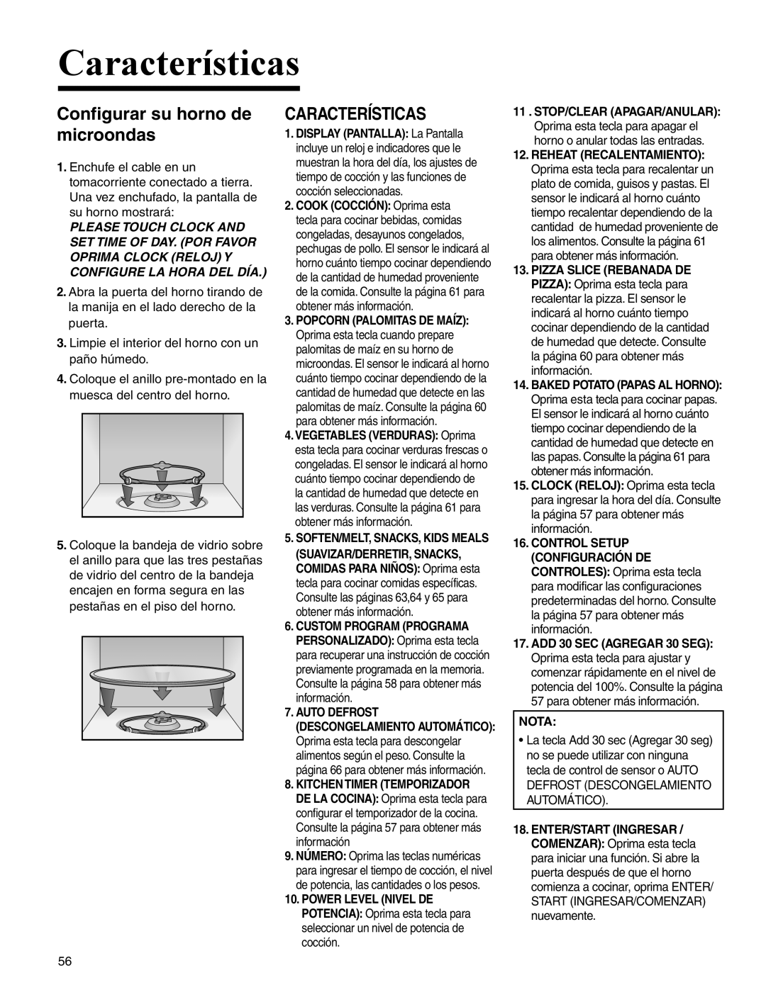 Maytag UMC5200 BAB/W/S, UMC5200BCB/W/S Configurar su horno de microondas, Características, Stop/Clear Apagar/Anular, Nota 