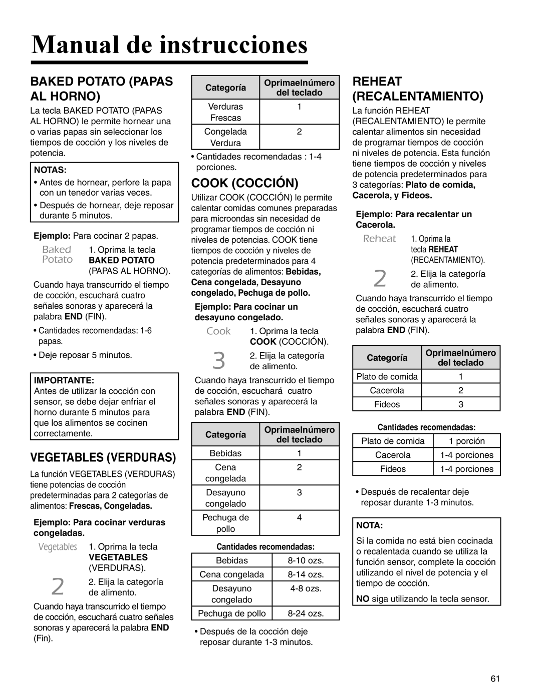 Maytag UMC5200BCB/W/S Baked Potato Papas AL Horno, Cook Cocción, Vegetables Verduras, Reheat Recalentamiento 