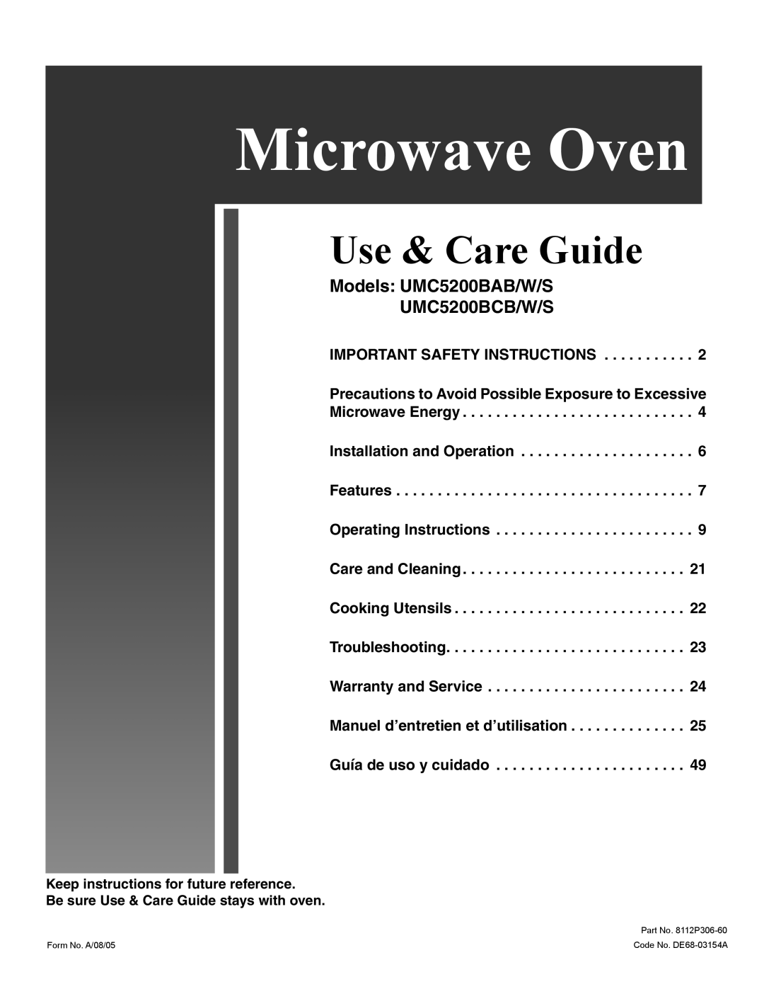 Maytag important safety instructions Use & Care Guide, Models: UMC5200BAB/W/S UMC5200BCB/W/S, Microwave Oven 
