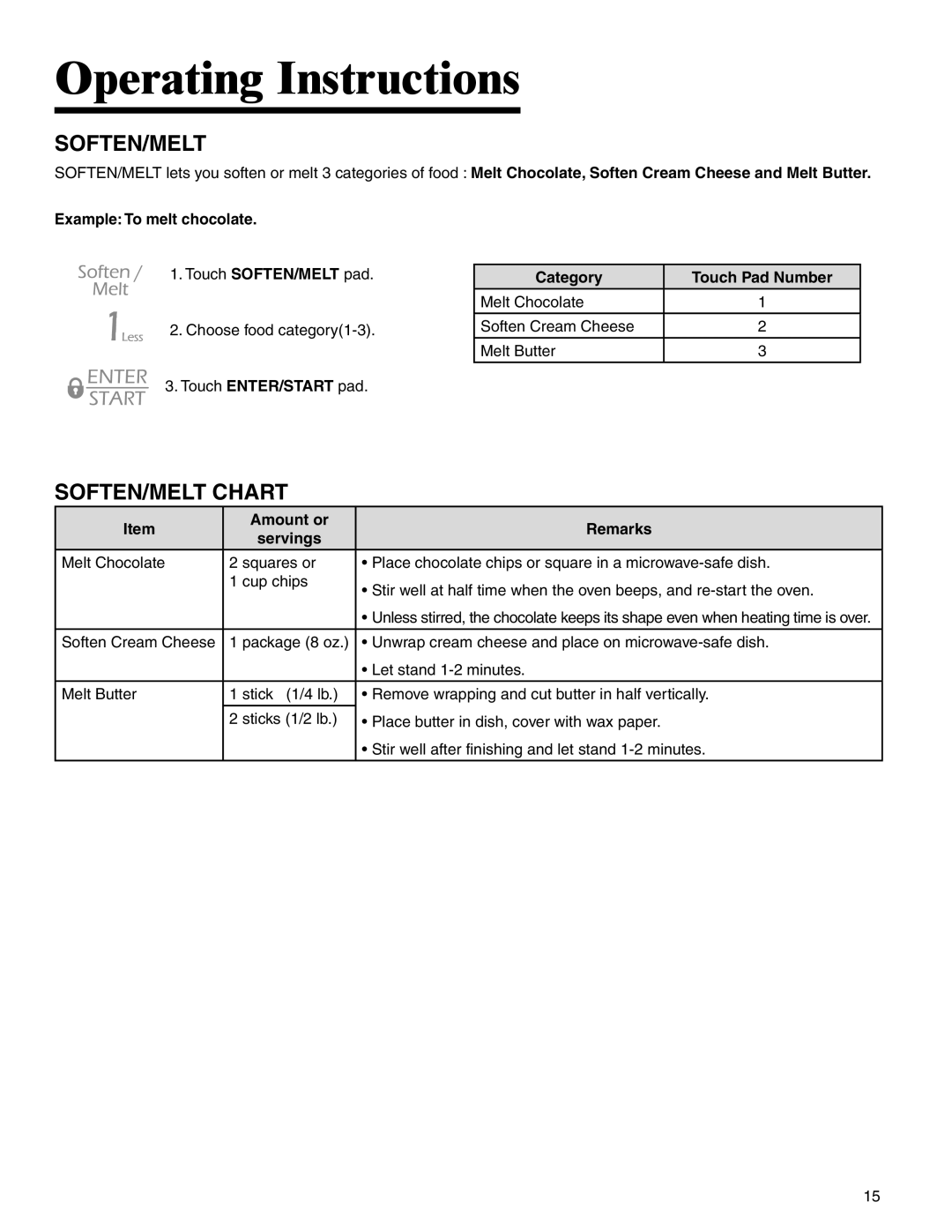 Maytag UMC5200BAB/W/S Soften/Melt Chart, Operating Instructions, Example To melt chocolate, Category, Touch Pad Number 