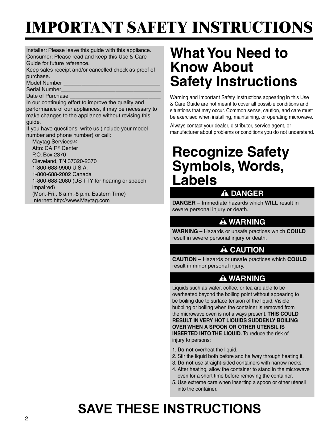 Maytag UMC5200 BCB/W/S Important Safety Instructions, What You Need to Know About Safety Instructions, Danger 