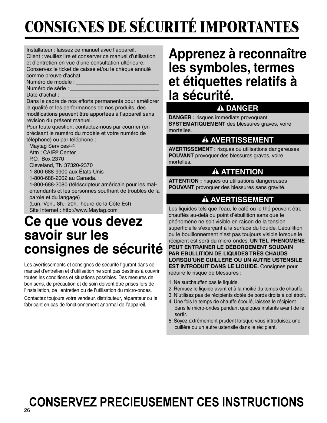 Maytag UMC5200 BCB/W/S Consignes De Sécurité Importantes, Conservez Precieusement Ces Instructions, Avertissement, Danger 