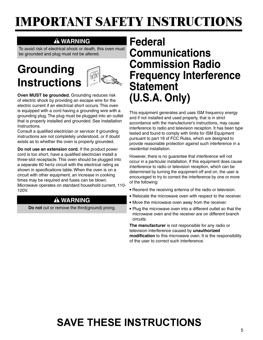 Maytag UMC5200BCB/W/S Grounding Instructions, Federal Communications Commission Radio, Important Safety Instructions 
