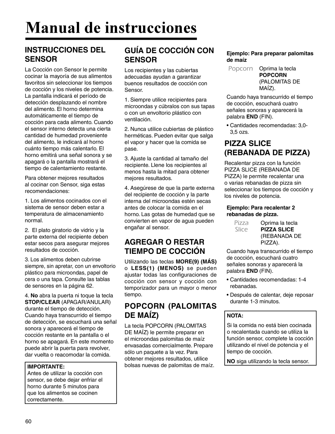 Maytag UMC5200 BAB/W/S, UMC5200BCB/W/S Instrucciones Del Sensor, Guía De Cocción Con Sensor, Popcorn Palomitas De Maíz 