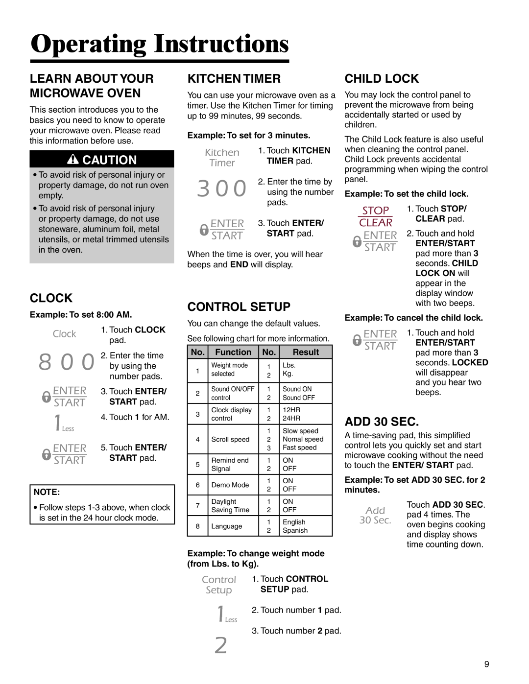 Maytag UMC5200BCB/W/S Operating Instructions, Learn About Your, Kitchen Timer, Microwave Oven, Clock, Control Setup 