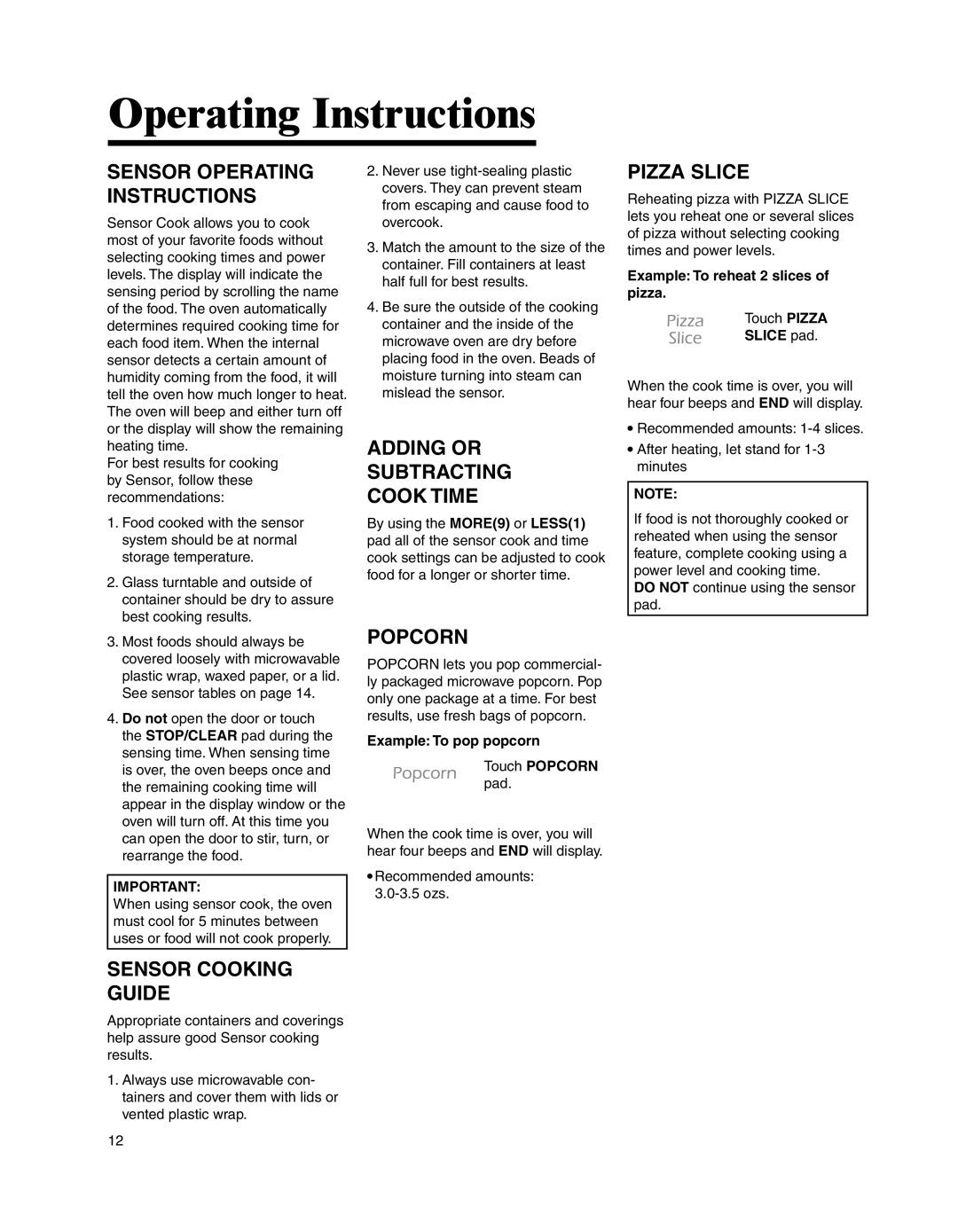 Maytag UMC5200BCS, UMC5200BCW Adding or Subtracting Cook Time, Popcorn, Pizza Slice, Sensor Cooking Guide 