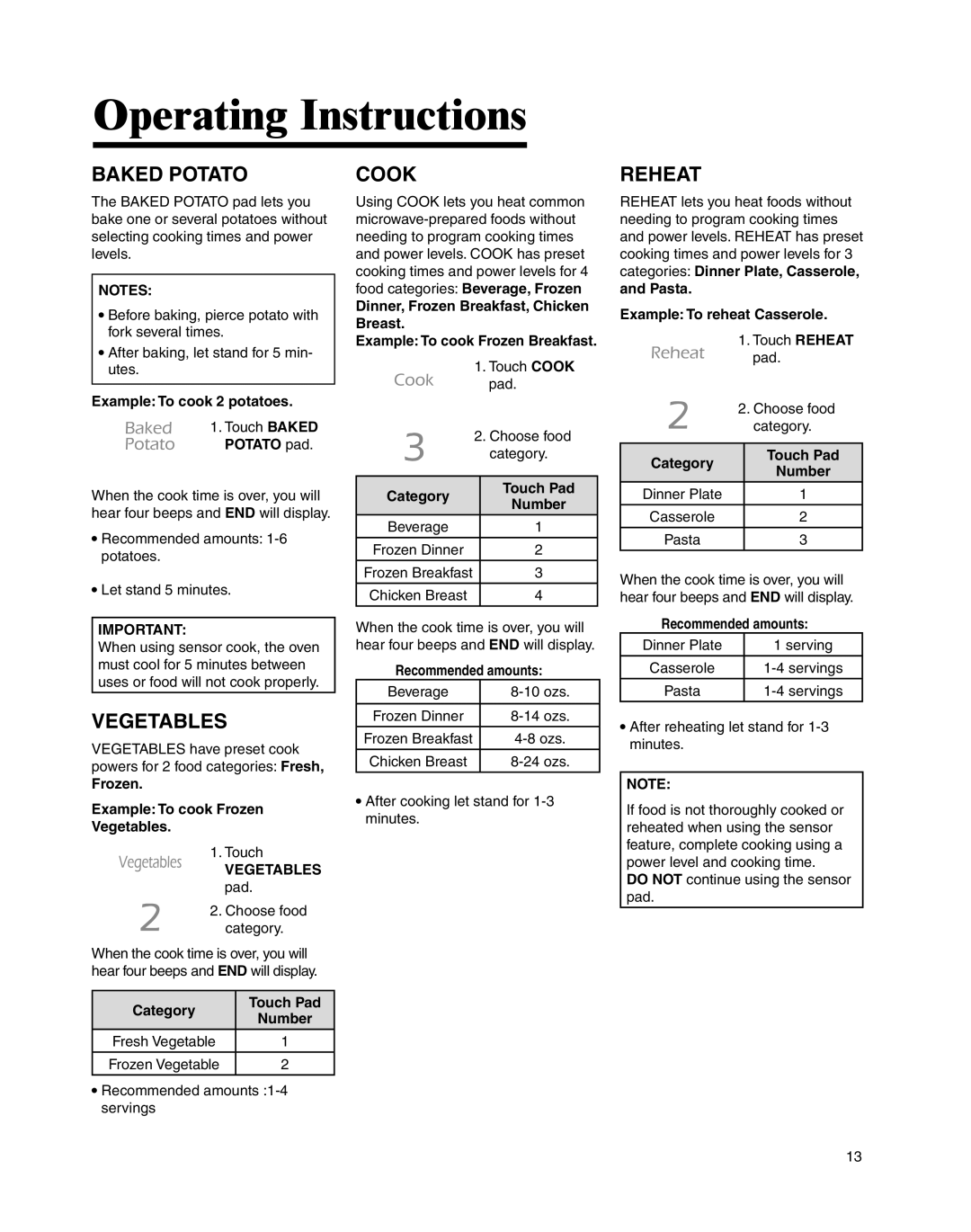 Maytag UMC5200BCW, UMC5200BCS important safety instructions Baked Potato, Vegetables, Cook, Reheat 