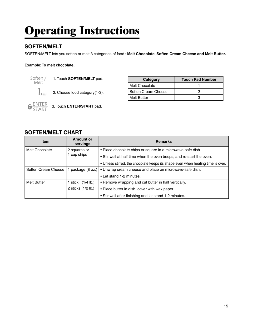 Maytag UMC5200BCW, UMC5200BCS Soften/Melt, SOFTEN/MELT Chart, Example To melt chocolate, Amount or Remarks Servings 