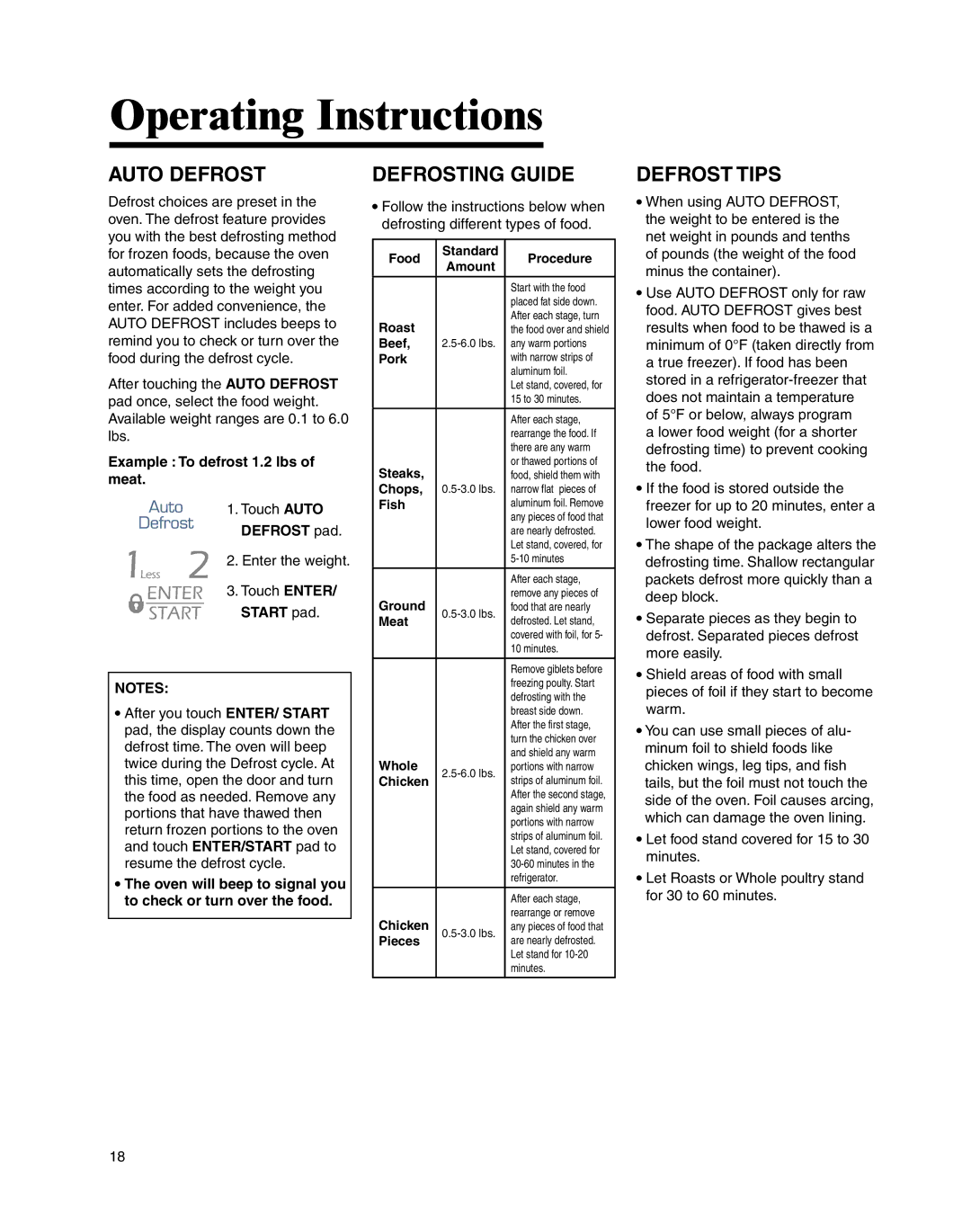 Maytag UMC5200BCS Auto Defrost, Defrosting Guide, Defrost Tips, Example To defrost 1.2 lbs of meat, Defrost pad 