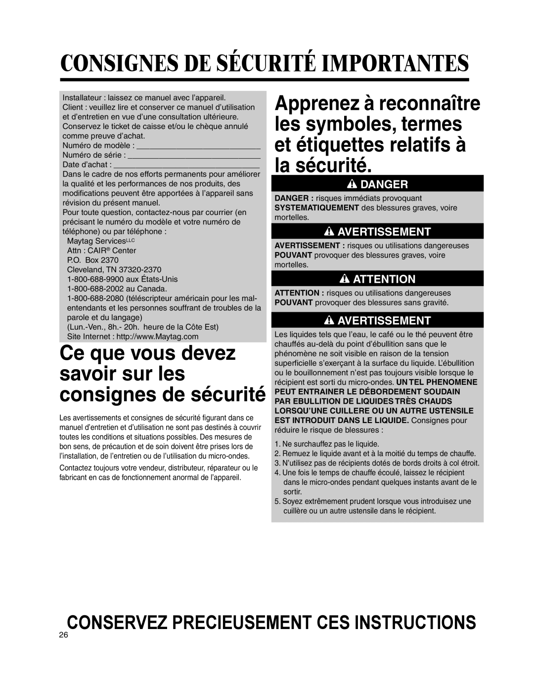 Maytag UMC5200BCS, UMC5200BCW important safety instructions Consignes DE Sécurité Importantes 