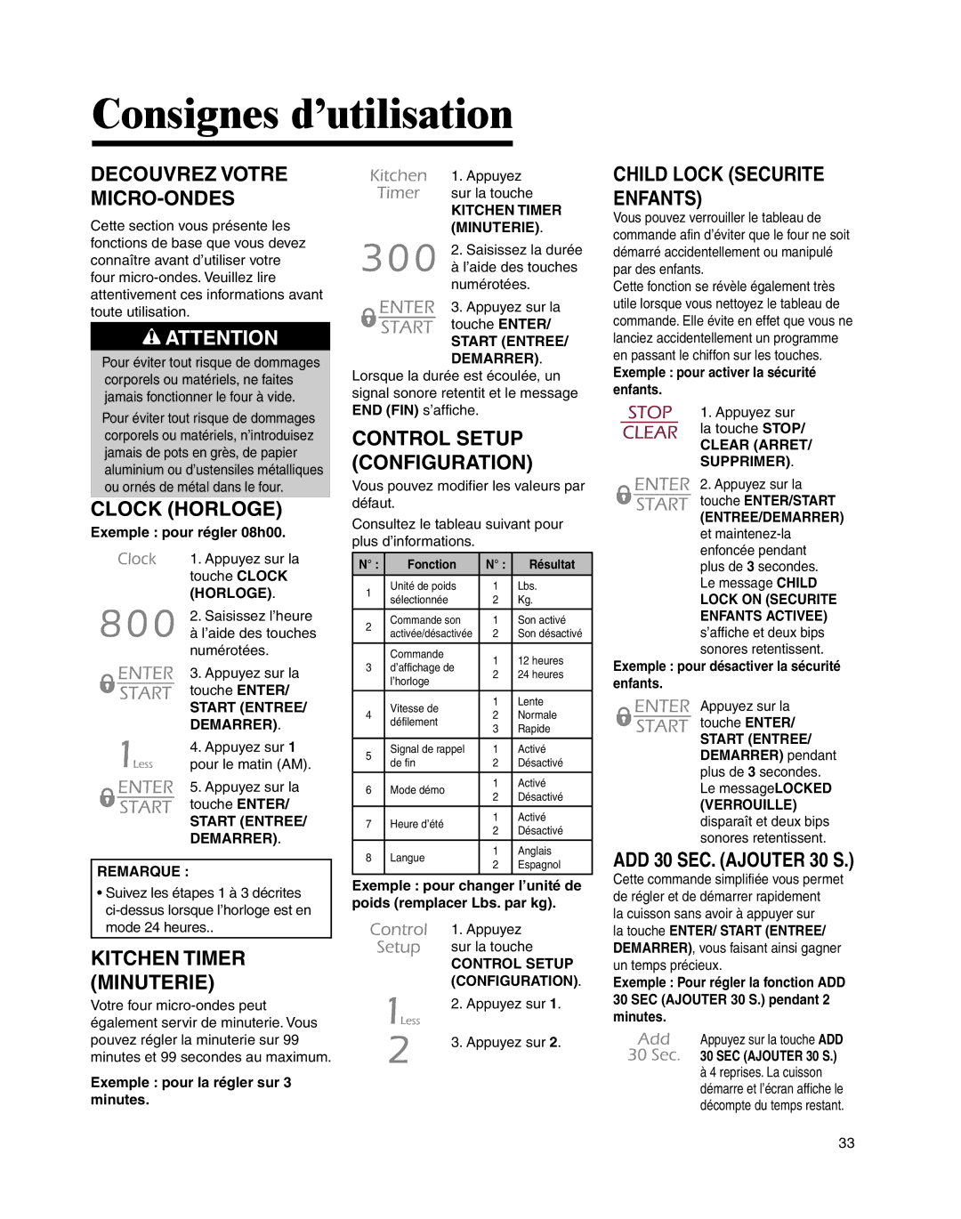 Maytag UMC5200BCW Consignes d’utilisation, Clock Horloge, Control Setup Configuration, ADD 30 SEC. Ajouter 30 S 