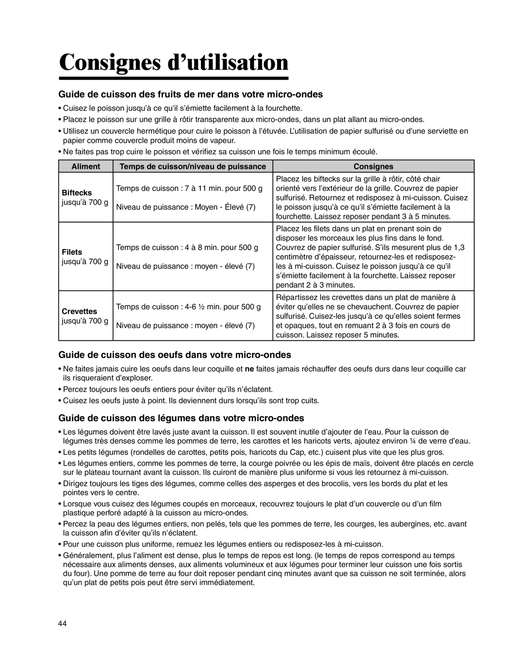 Maytag UMC5200BCS, UMC5200BCW important safety instructions Guide de cuisson des fruits de mer dans votre micro-ondes 