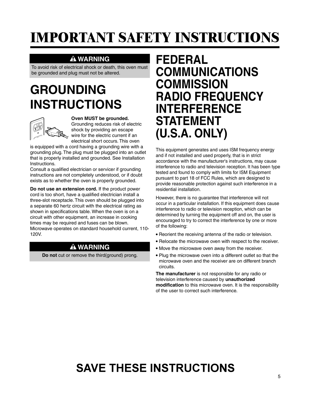 Maytag UMC5200BCW, UMC5200BCS Grounding Instructions, Oven Must be grounded. Grounding reduces risk of electric 