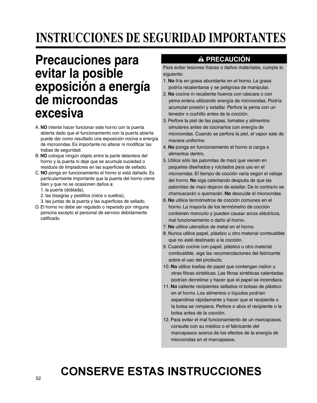 Maytag UMC5200BCS, UMC5200BCW important safety instructions Conserve Estas Instrucciones 