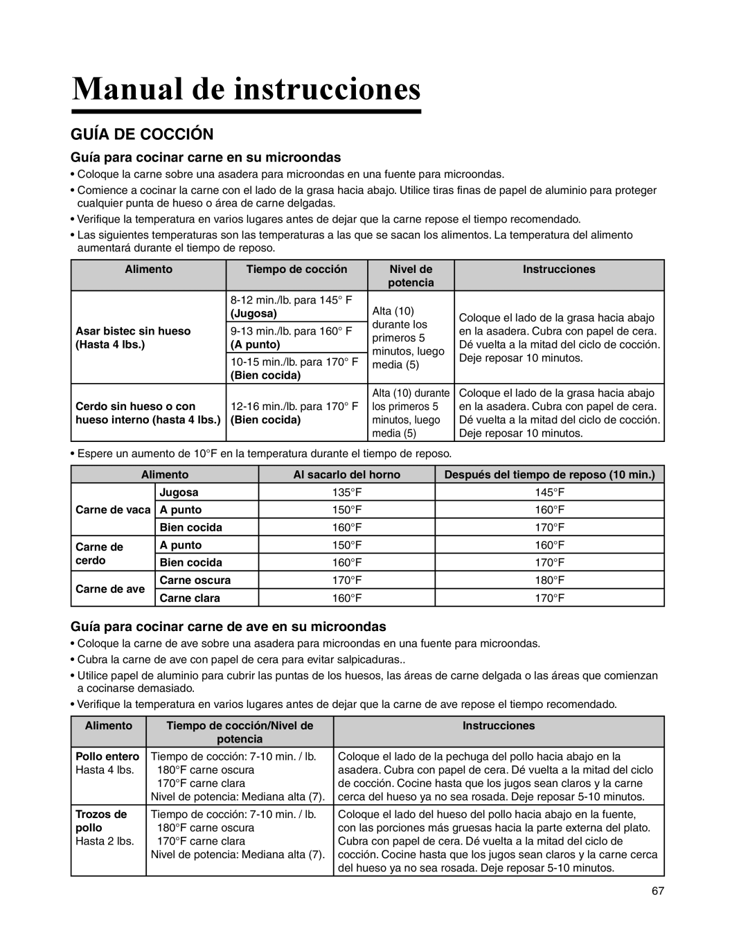 Maytag UMC5200BCW, UMC5200BCS important safety instructions Guía DE Cocción, Guía para cocinar carne en su microondas 