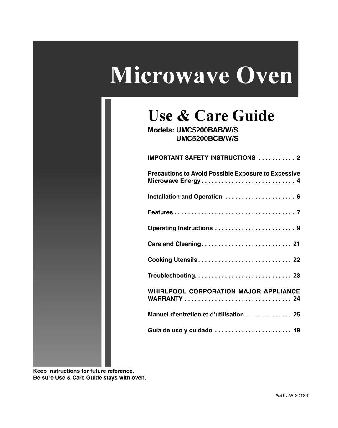 Maytag UMC5200BCW important safety instructions Use & Care Guide, Models UMC5200BAB/W/S UMC5200BCB/W/S, Microwave Oven 