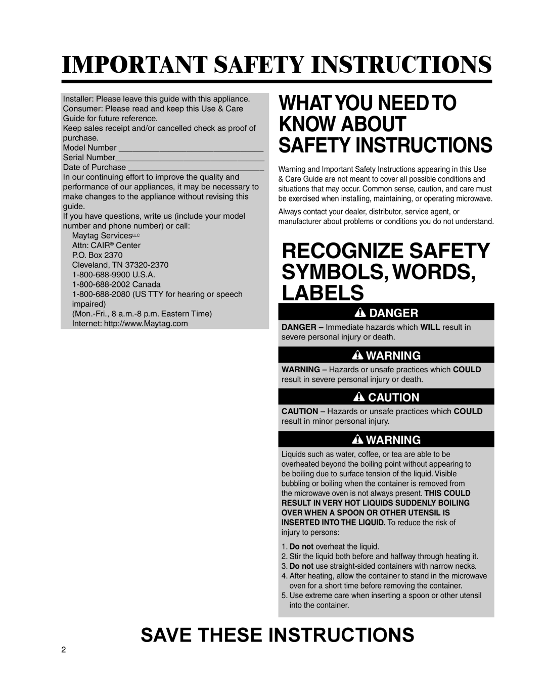 Maytag UMC5200BCS Important Safety Instructions, Recognize Safety Symbols, Words, Labels, Save These Instructions, Danger 