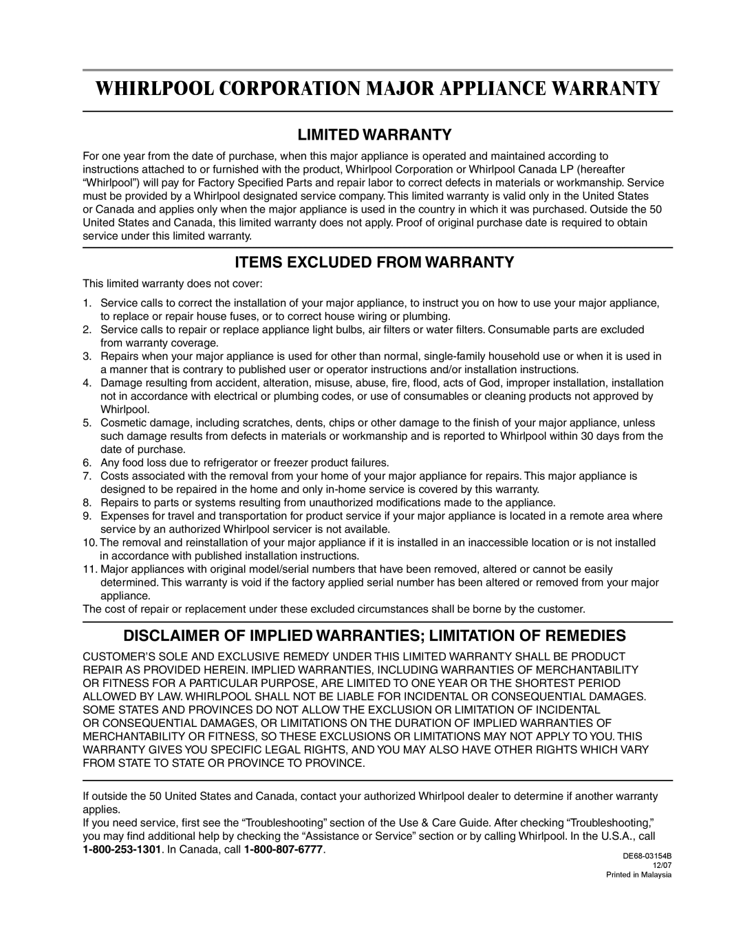 Maytag UMC5200BCS Whirlpool Corporation Major Appliance Warranty, Limited Warranty, Items Excluded From Warranty 