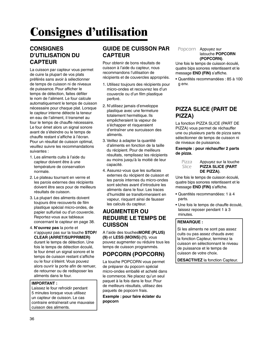 Maytag UMC5200BCS, UMC5200BCW Consignes D’Utilisation Du Capteur, Guide De Cuisson Par Capteur, Popcorn Popcorn, Remarque 