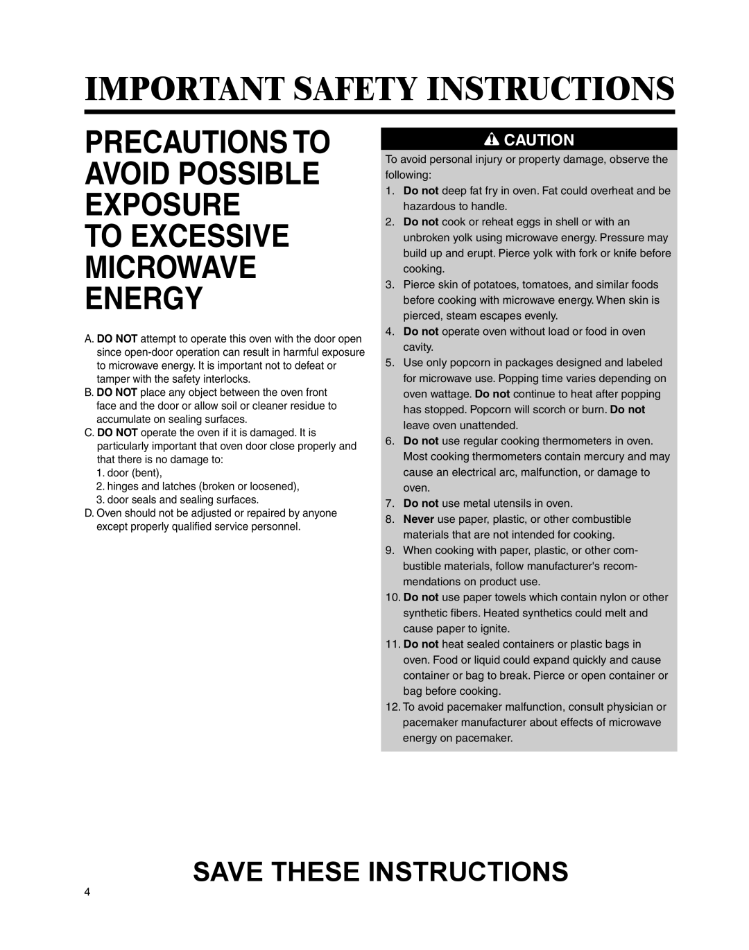 Maytag UMC5200BCS Precautions To Avoid Possible Exposure, Microwave Energy, Important Safety Instructions, To Excessive 