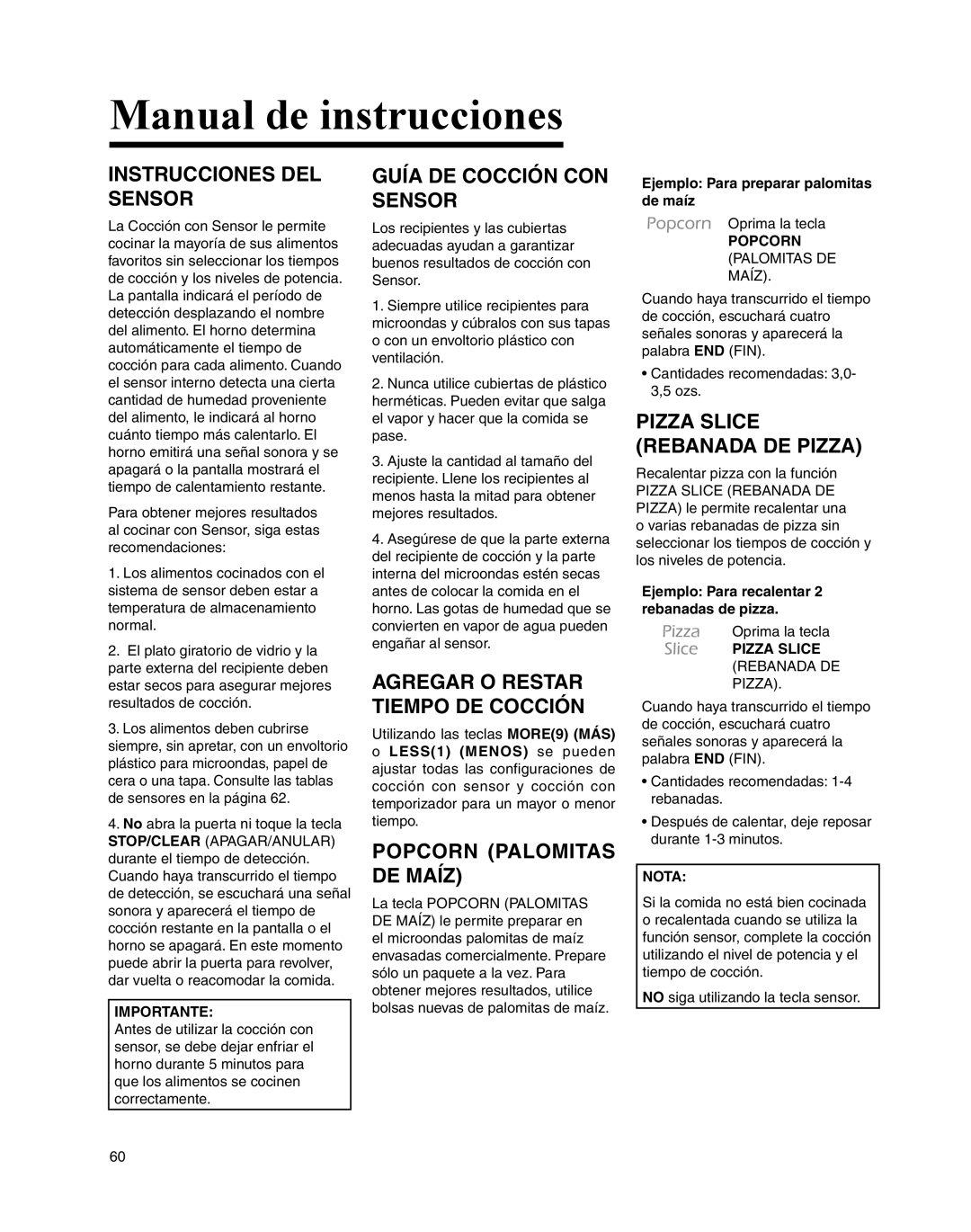 Maytag UMC5200BCS Instrucciones Del Sensor, Guía De Cocción Con Sensor, Popcorn Palomitas De Maíz, Manual de instrucciones 