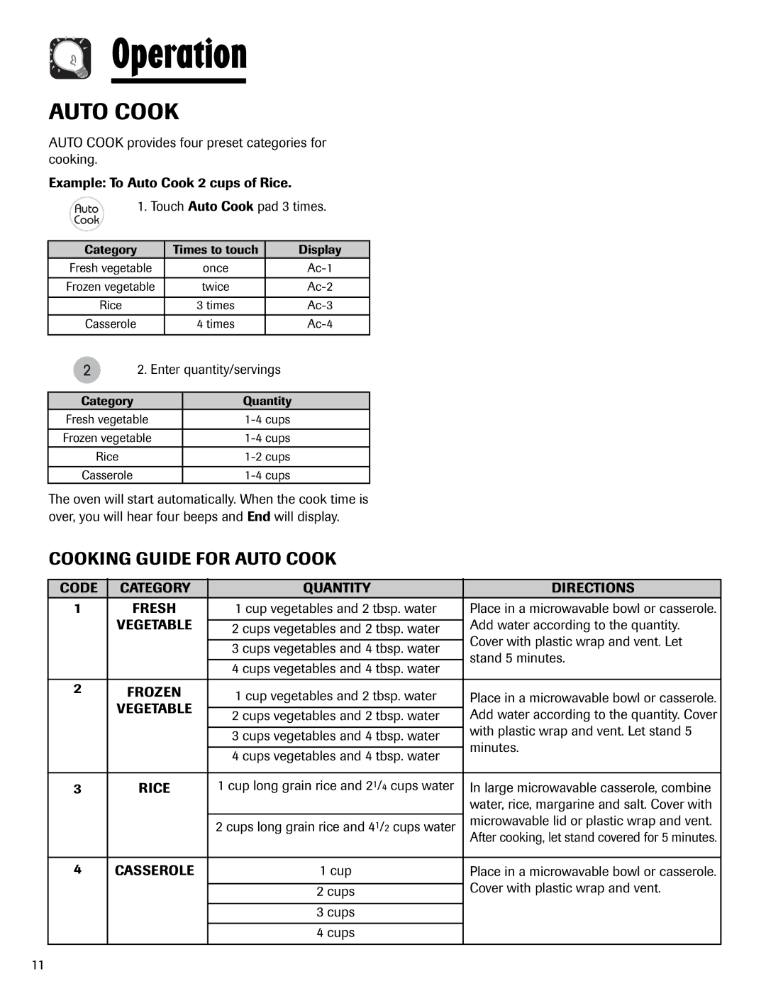 Maytag UMV1152BA important safety instructions Cooking Guide for Auto Cook, Code Category Quantity Directions 