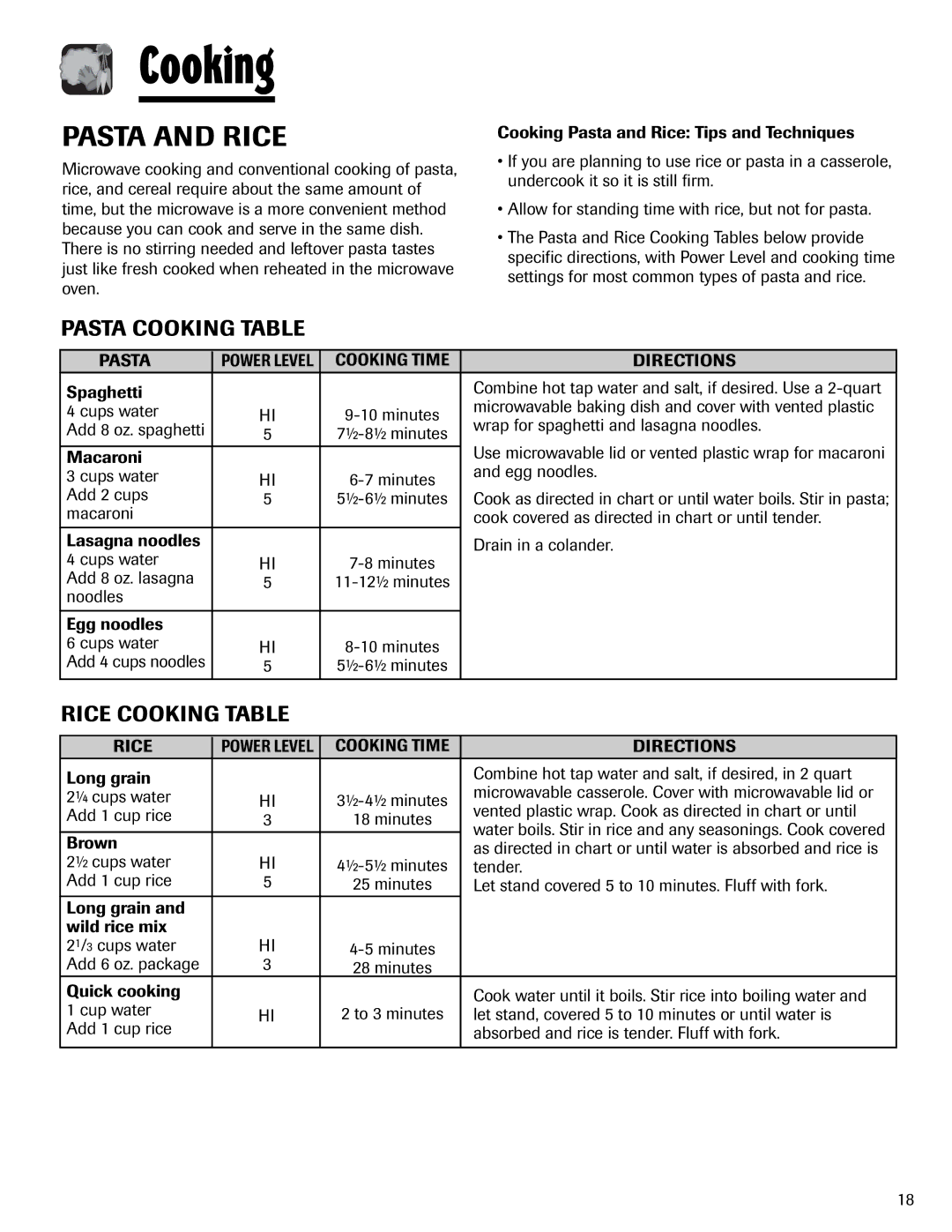 Maytag UMV1152BA important safety instructions Pasta and Rice, Pasta Cooking Table, Rice Cooking Table 