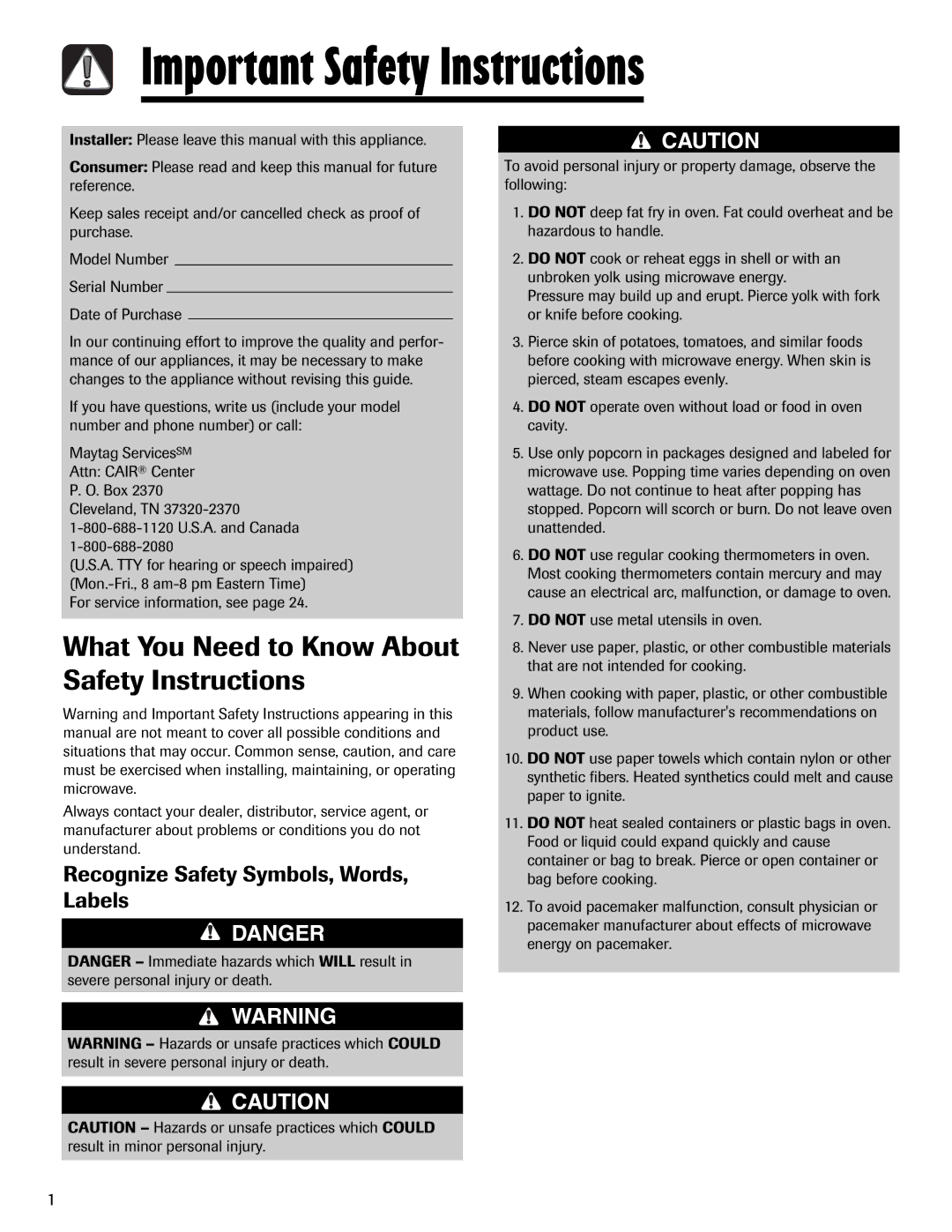 Maytag UMV1152BA Important Safety Instructions, What You Need to Know About Safety Instructions 