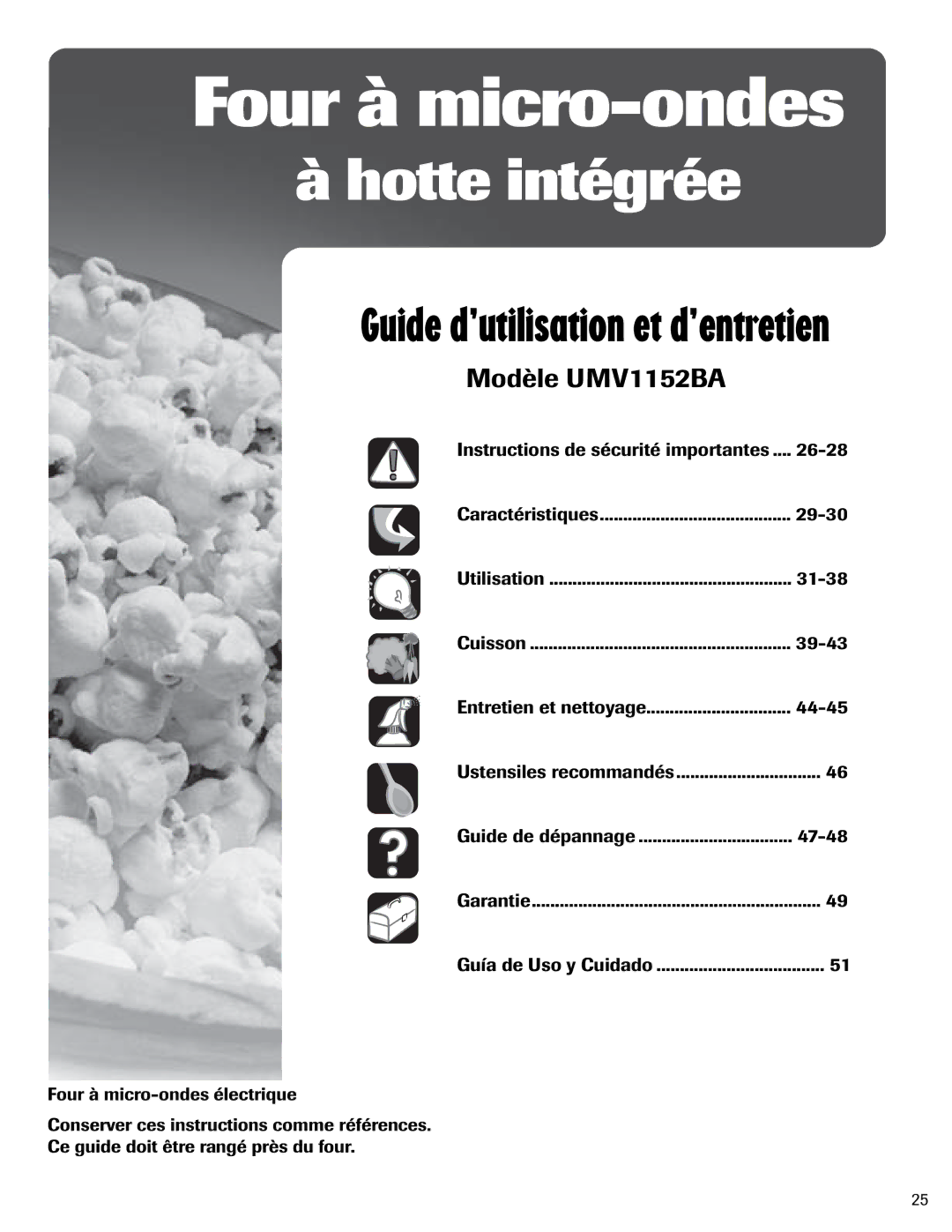 Maytag UMV1152BA important safety instructions Four à micro-ondes, Ustensiles recommandés 