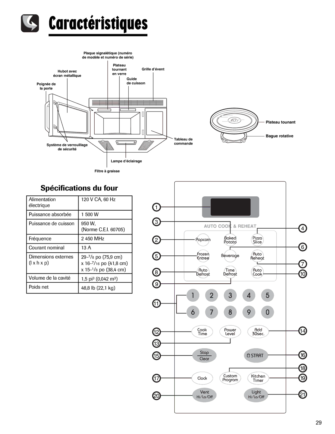 Maytag UMV1152BA important safety instructions Caractéristiques, Spécifications du four 