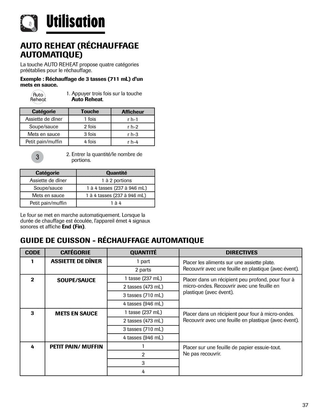 Maytag UMV1152BA Auto Reheat Réchauffage Automatique, Guide DE Cuisson Réchauffage Automatique, Soupe/Sauce 