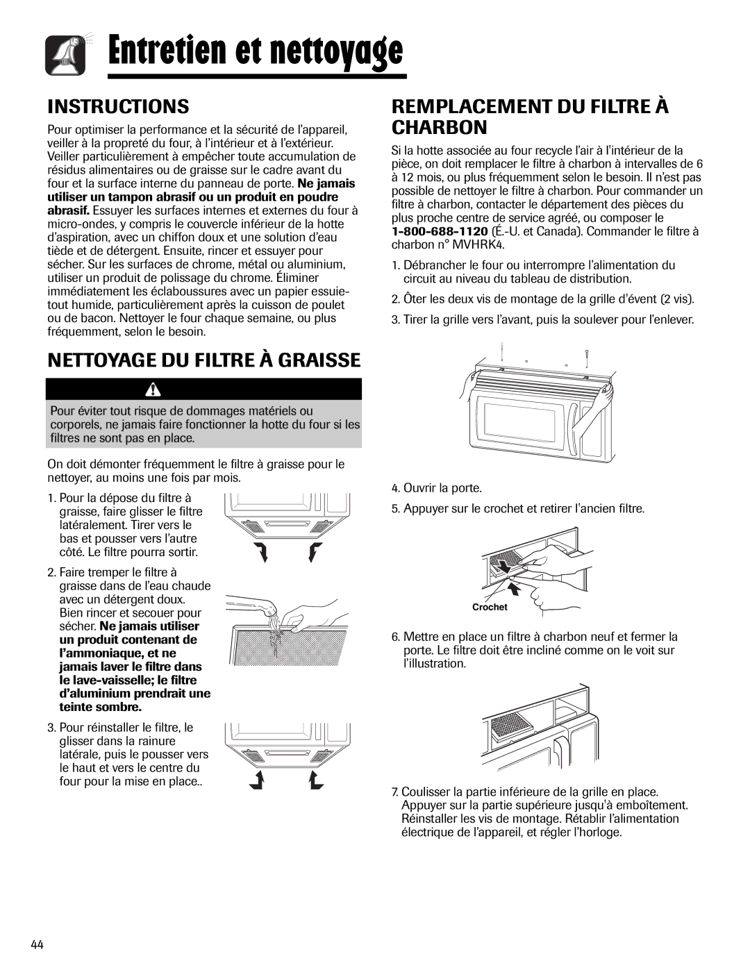 Maytag UMV1152BA Entretien et nettoyage, Instructions, Remplacement DU Filtre À Charbon, Nettoyage DU Filtre À Graisse 