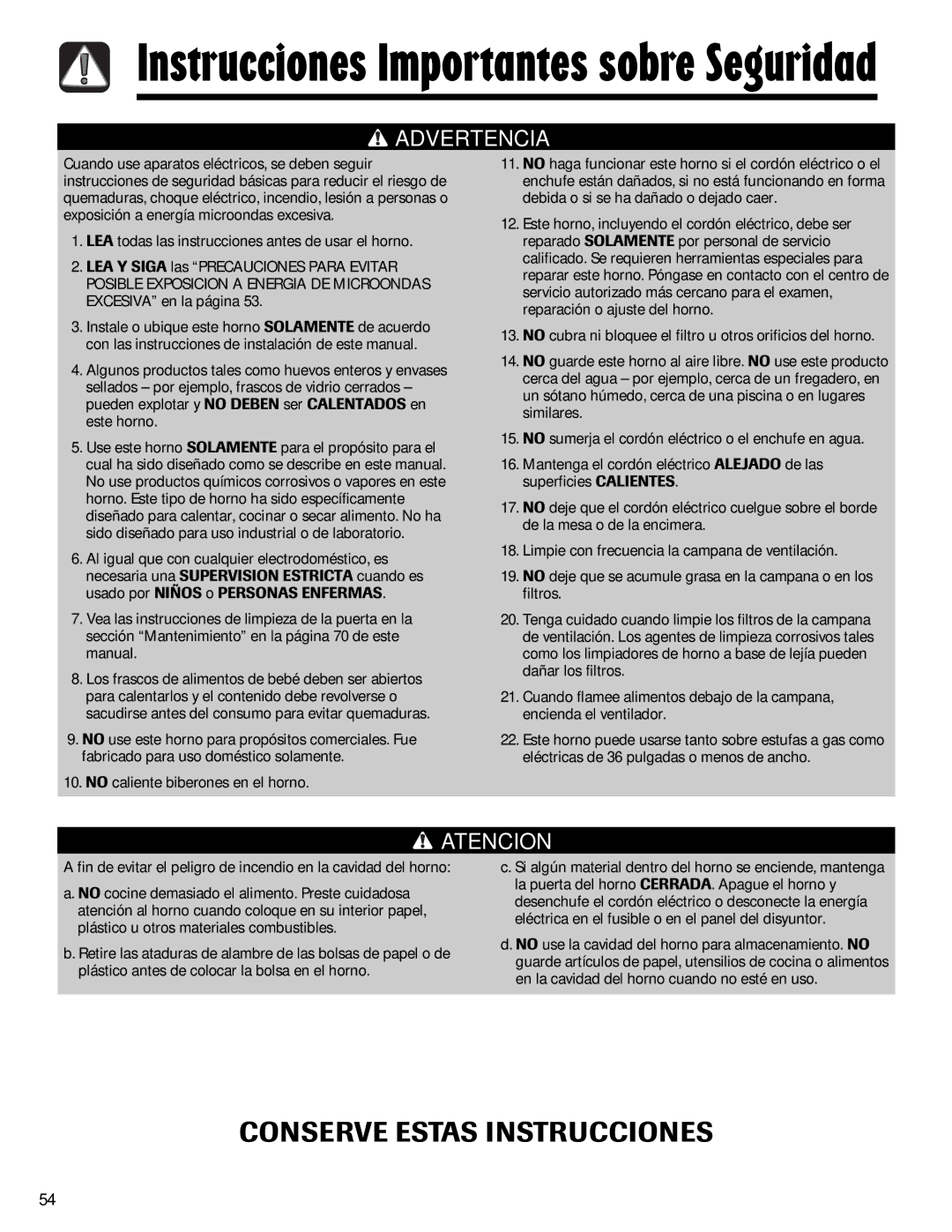 Maytag UMV1152BA important safety instructions Fin de evitar el peligro de incendio en la cavidad del horno 