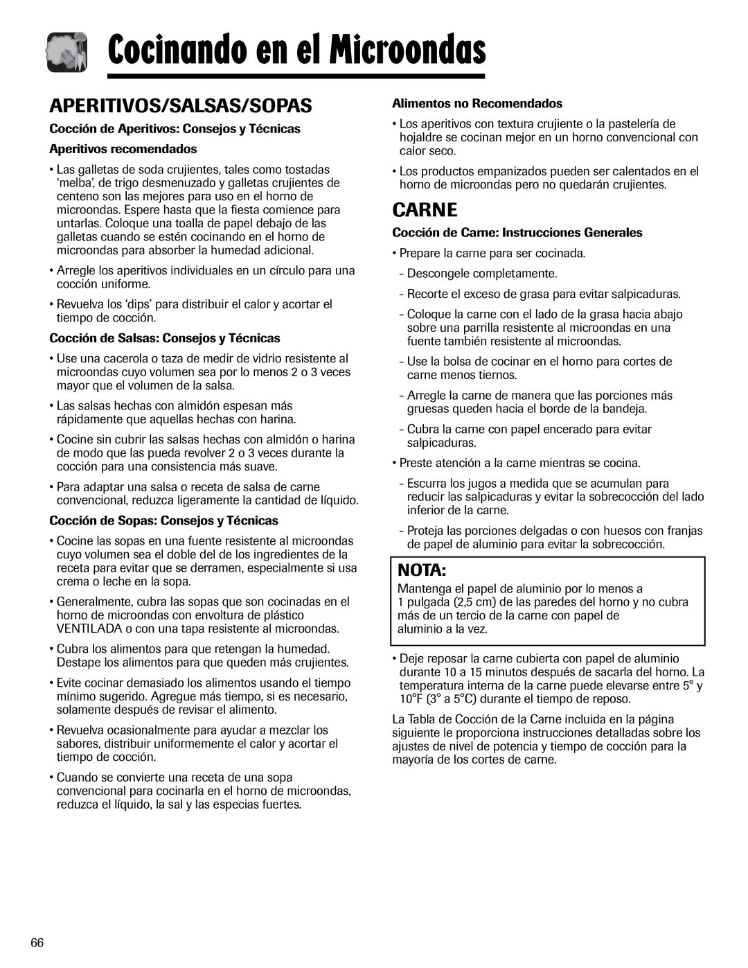 Maytag UMV1152BA important safety instructions Aperitivos/Salsas/Sopas, Carne, Cocción de Sopas Consejos y Técnicas 