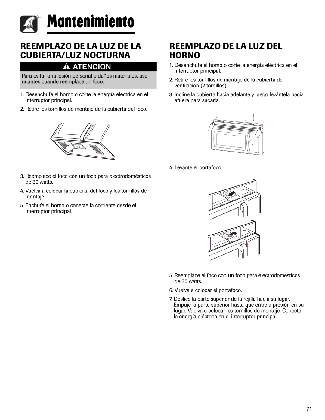 Maytag UMV1152BA Reemplazo DE LA LUZ DE LA CUBIERTA/LUZ Nocturna, Reemplazo DE LA LUZ DEL Horno 