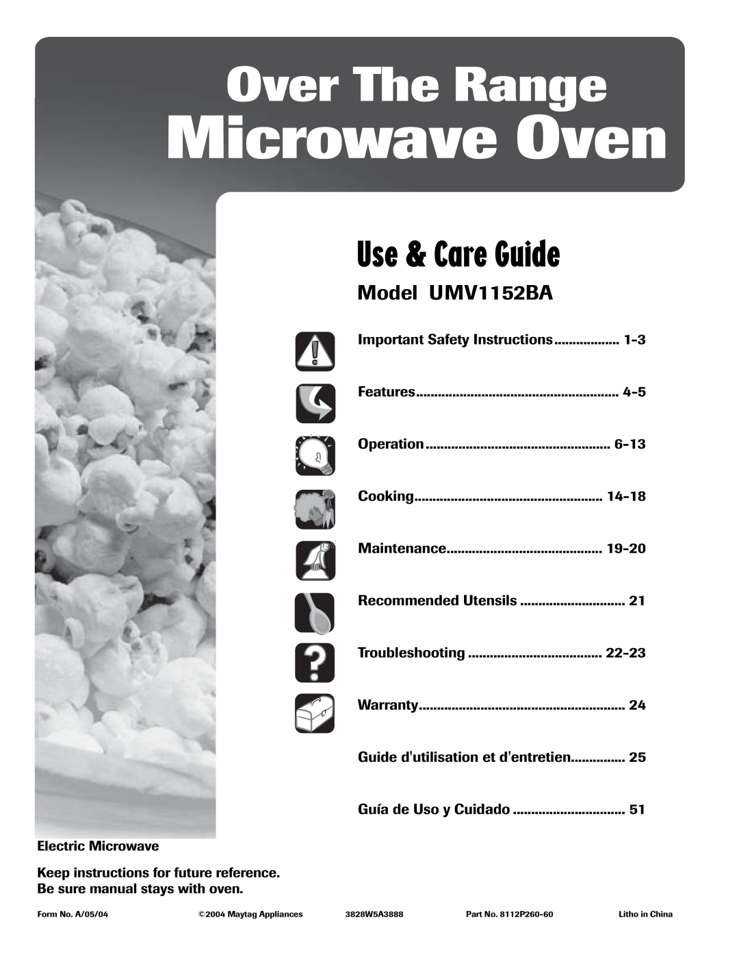 Maytag important safety instructions Over The Range, Model UMV1152BA, Microwave Oven, Use & Care Guide 