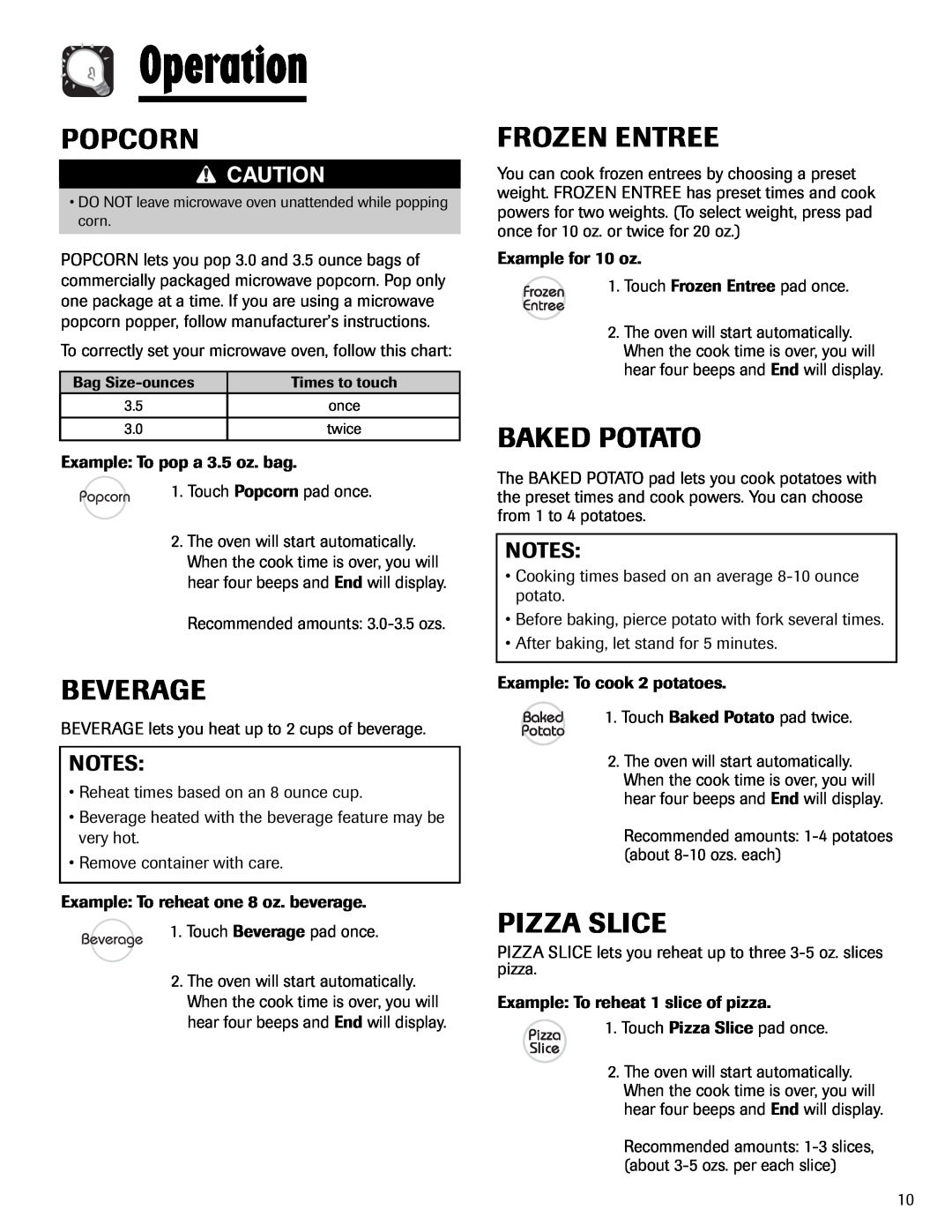 Maytag UMV1152BA important safety instructions Popcorn, Beverage, Frozen Entree, Baked Potato, Pizza Slice, Operation 