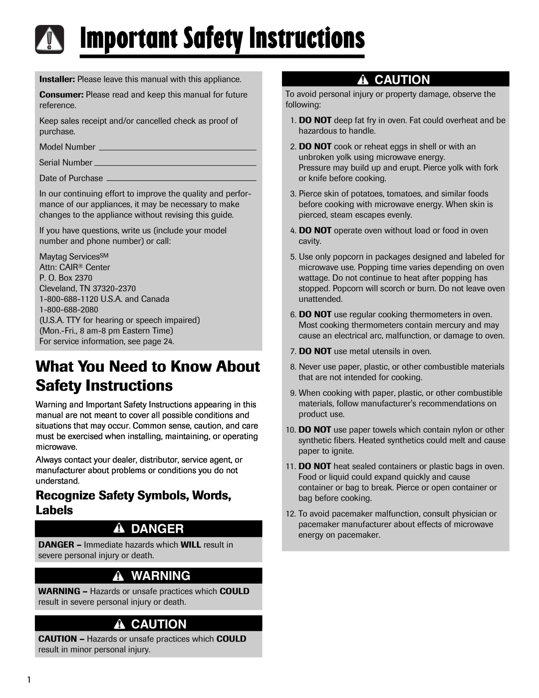Maytag UMV1152BA Important Safety Instructions, What You Need to Know About Safety Instructions, Danger 