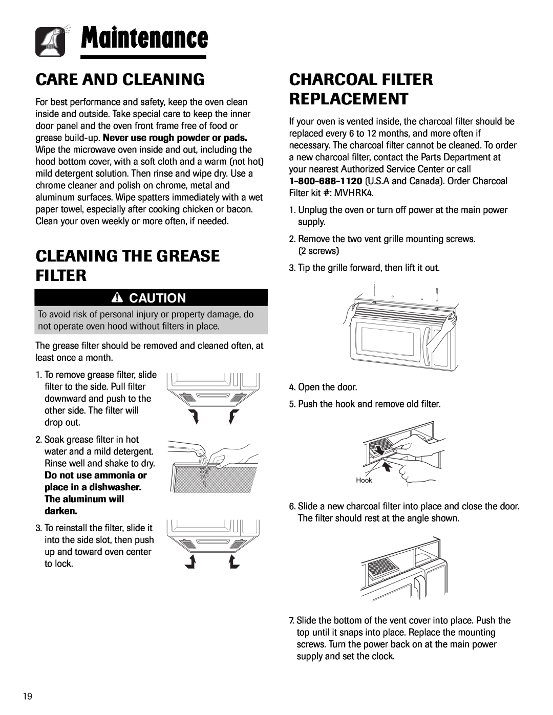 Maytag UMV1152BA Maintenance, Care And Cleaning, Cleaning The Grease Filter, Charcoal Filter Replacement 