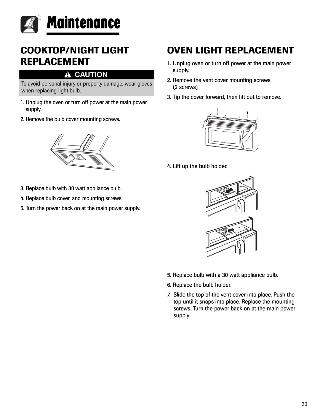 Maytag UMV1152BA important safety instructions Cooktop/Night Light Replacement, Oven Light Replacement, Maintenance 
