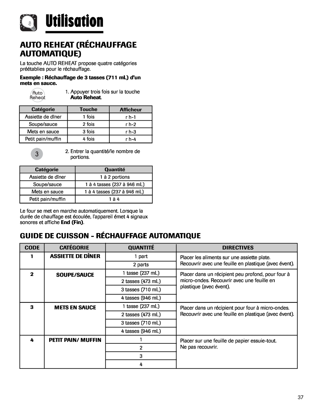 Maytag UMV1152BA Auto Reheat Réchauffage Automatique, Utilisation, Guide De Cuisson - Réchauffage Automatique 