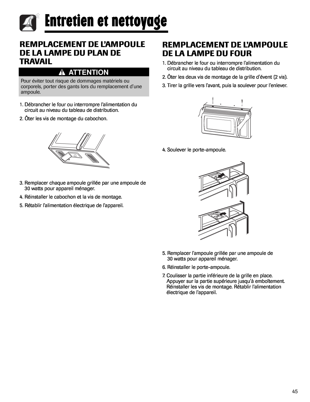Maytag UMV1152BA important safety instructions Remplacement De L’Ampoule De La Lampe Du Four, Entretien et nettoyage 