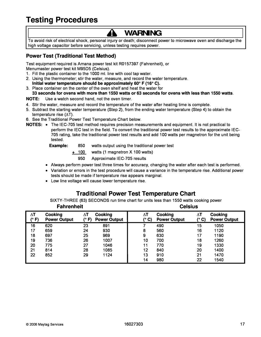 Maytag UMV1152CA manual Traditional Power Test Temperature Chart, Power Test Traditional Test Method, Fahrenheit, Celsius 