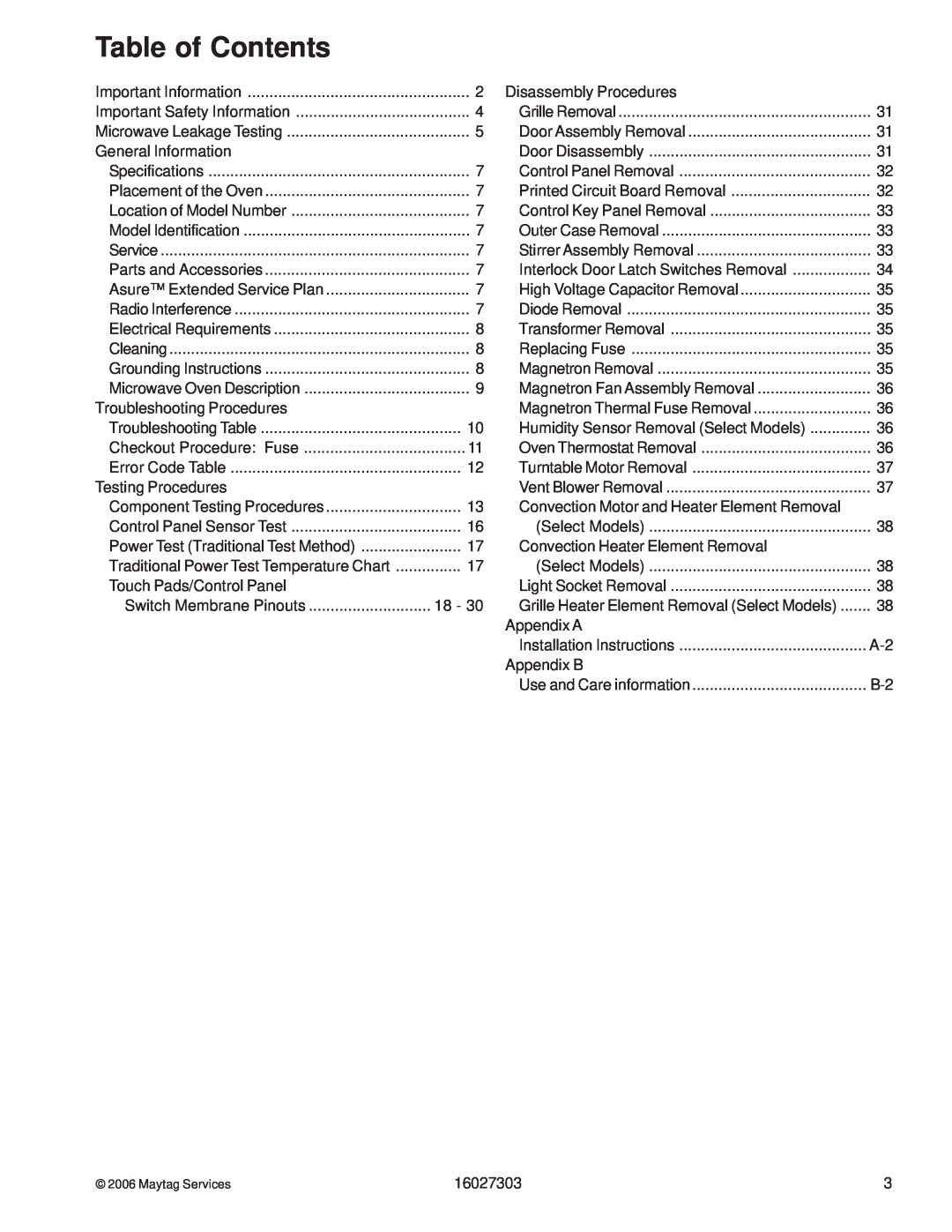 Maytag UMV1152CA manual Table of Contents 