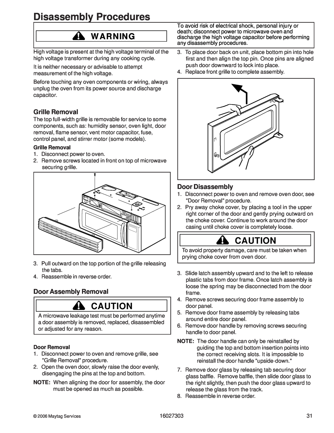 Maytag UMV1152CA manual Disassembly Procedures, Grille Removal, Door Assembly Removal, Door Disassembly, Door Removal 