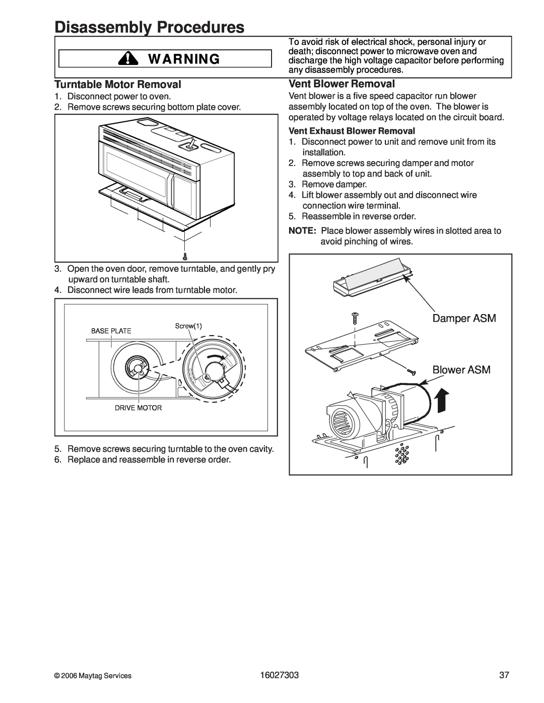 Maytag UMV1152CA manual Turntable Motor Removal, Vent Blower Removal, Disassembly Procedures, Blower ASM, Damper ASM 